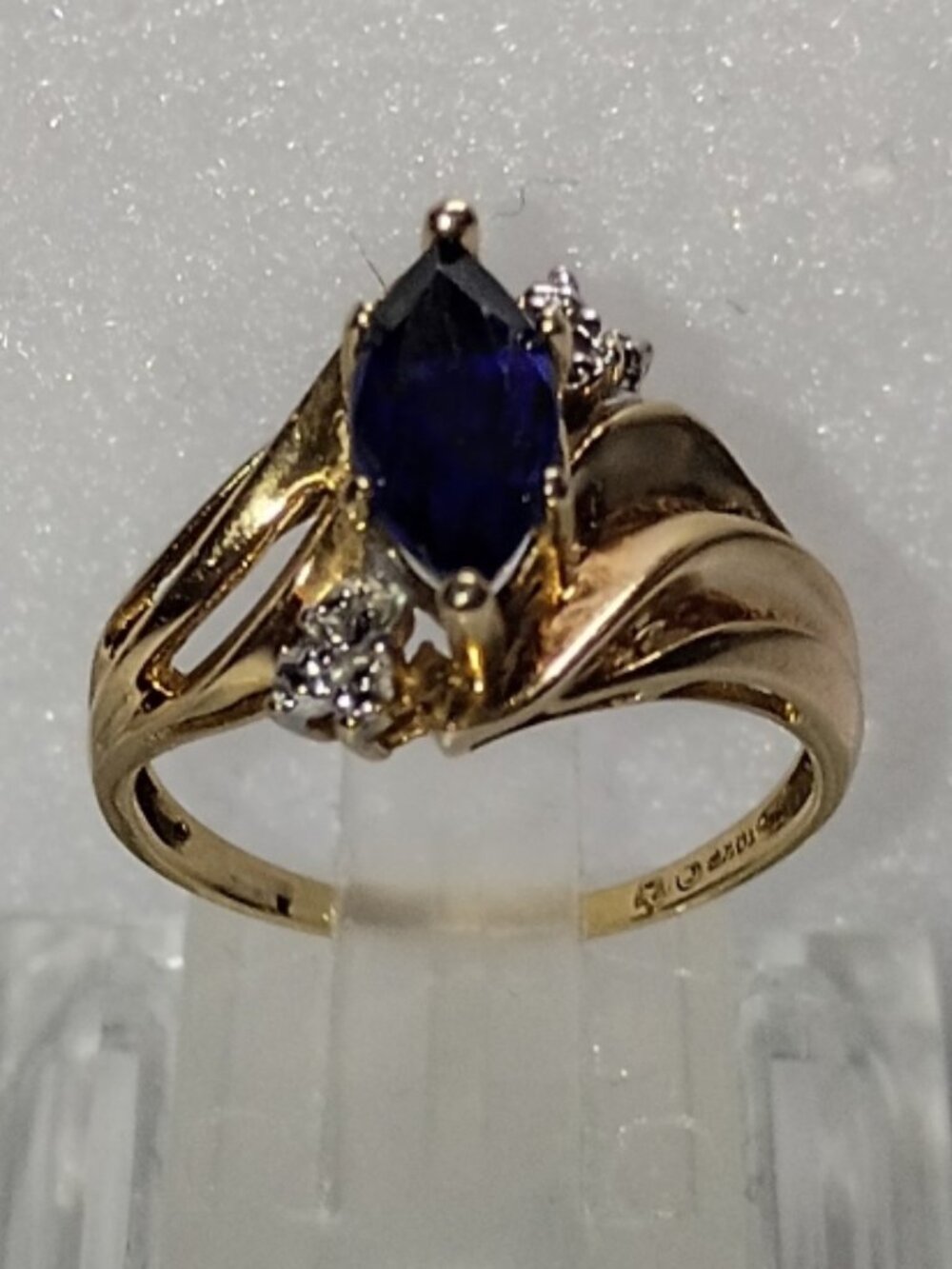 10Kt Two-Tone Gold Marquise Lab-Sapphire Ring with Diamond-Accent